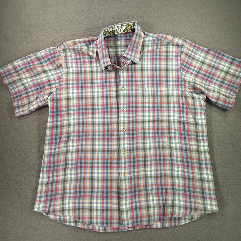 Alan Flusser Plaid‎ Short Sleeve Button Down Shirt 2XL Floral Contrast Collar
